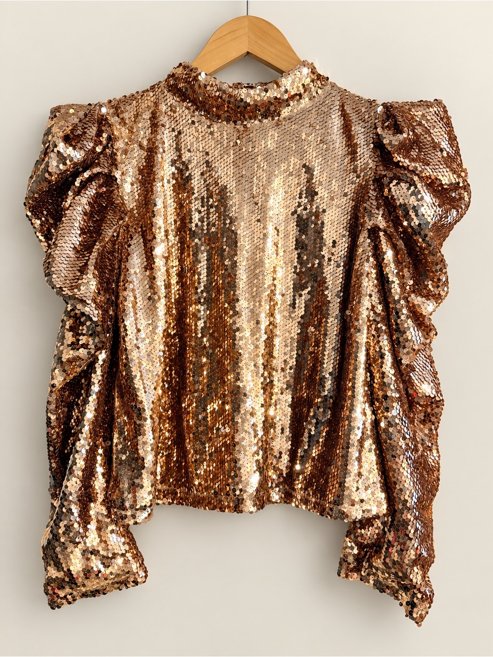 TCEC Metallic Rose Gold Sequin Puff Sleeve Top